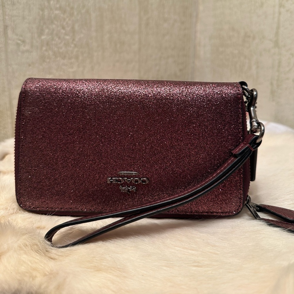 Coach Glitter Wristlet in Burgundy Metallic
